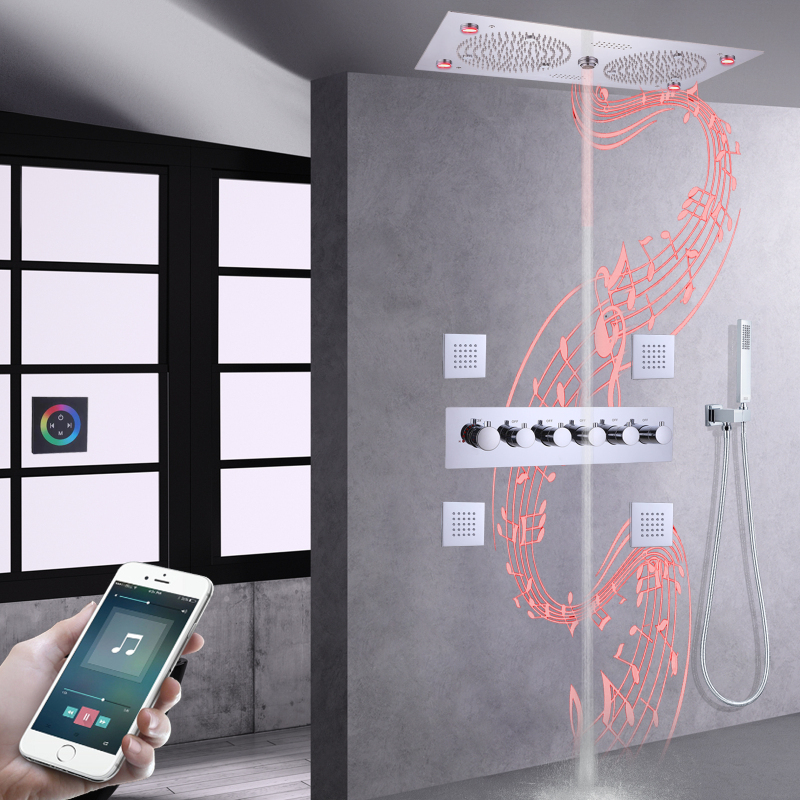 Juego de grifería de ducha 620*320mm LED termostático baño con música características sistema de ducha cromado pulido con mano