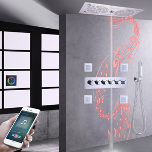 Mezclador de ducha cromado pulido, LED, termostático para baño, boquillas, columna de ducha, sistema de ducha musical, niebla de lluvia