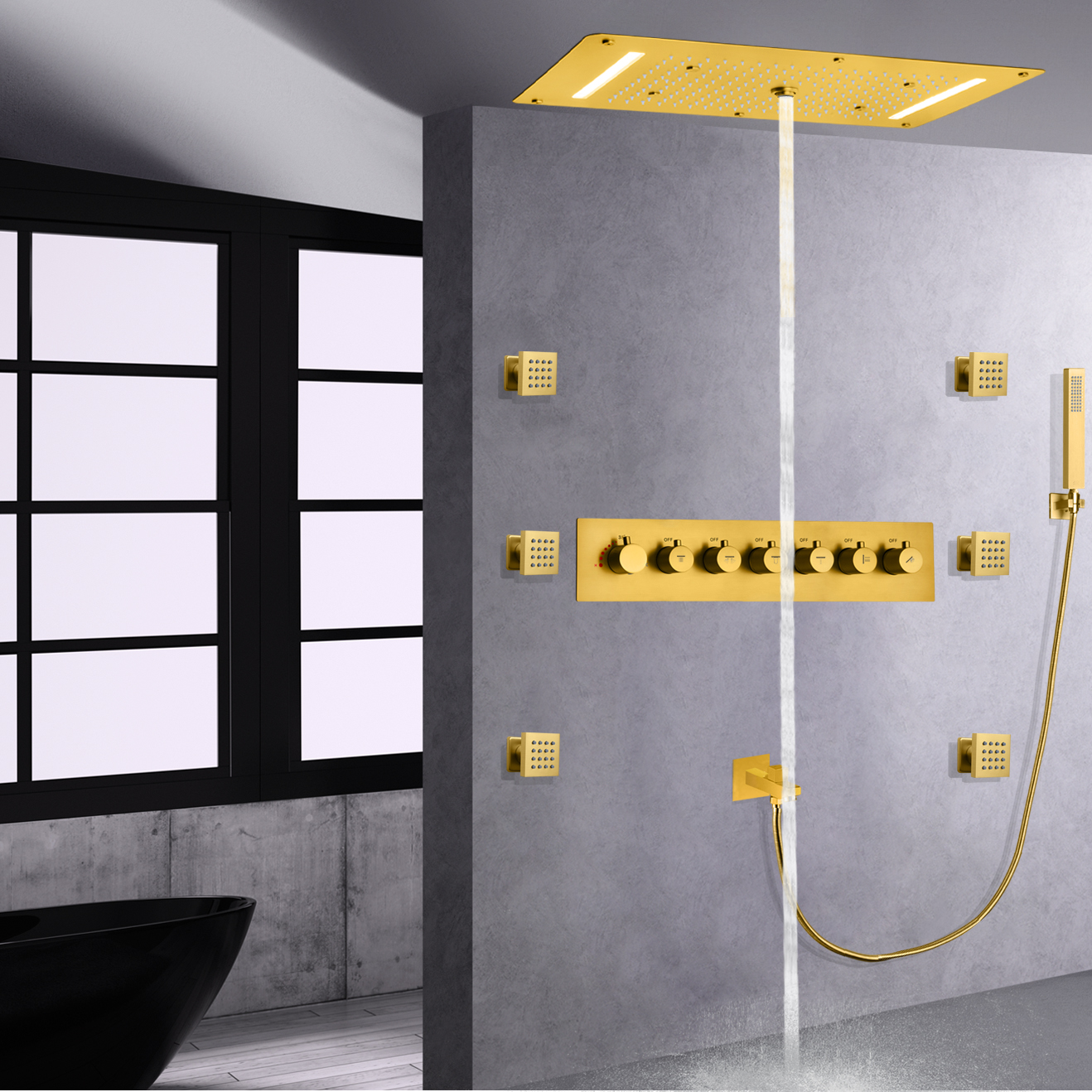 Juego de grifería de ducha de latón termostático LED de Oro pulido, cabezal multifunción para baño, lluvia de mano
