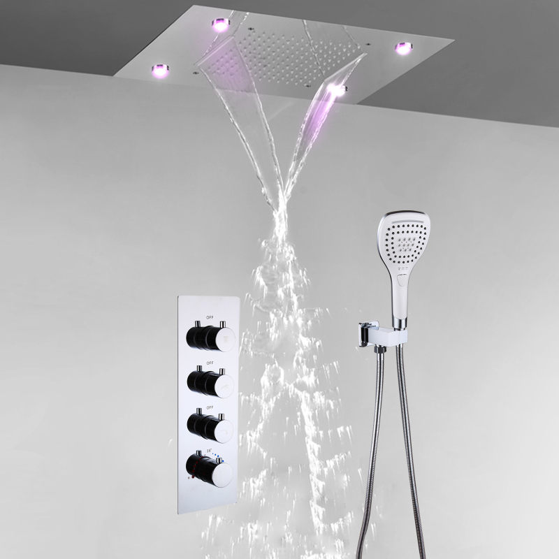 Juego de grifo de ducha LED termostático para baño, cabezal de ducha de lluvia y cascada de 20x14 pulgadas integrado en el techo