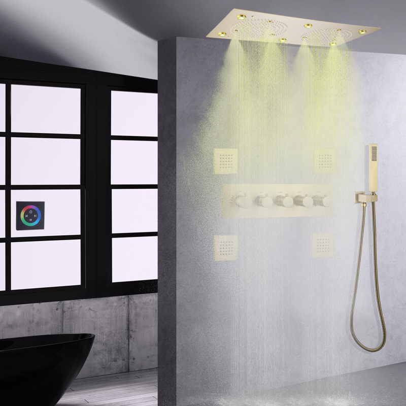 Juego de mezclador de ducha termostático de Oro pulido, sistema de ducha oculto de lluvia LED de 620x320 MM con mano