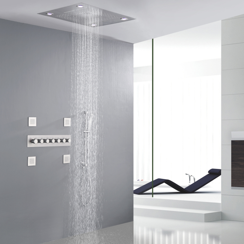 Grifo de ducha multifunción LED de níquel cepillado, cascada termostática, lluvia atomizadora con sujeción manual