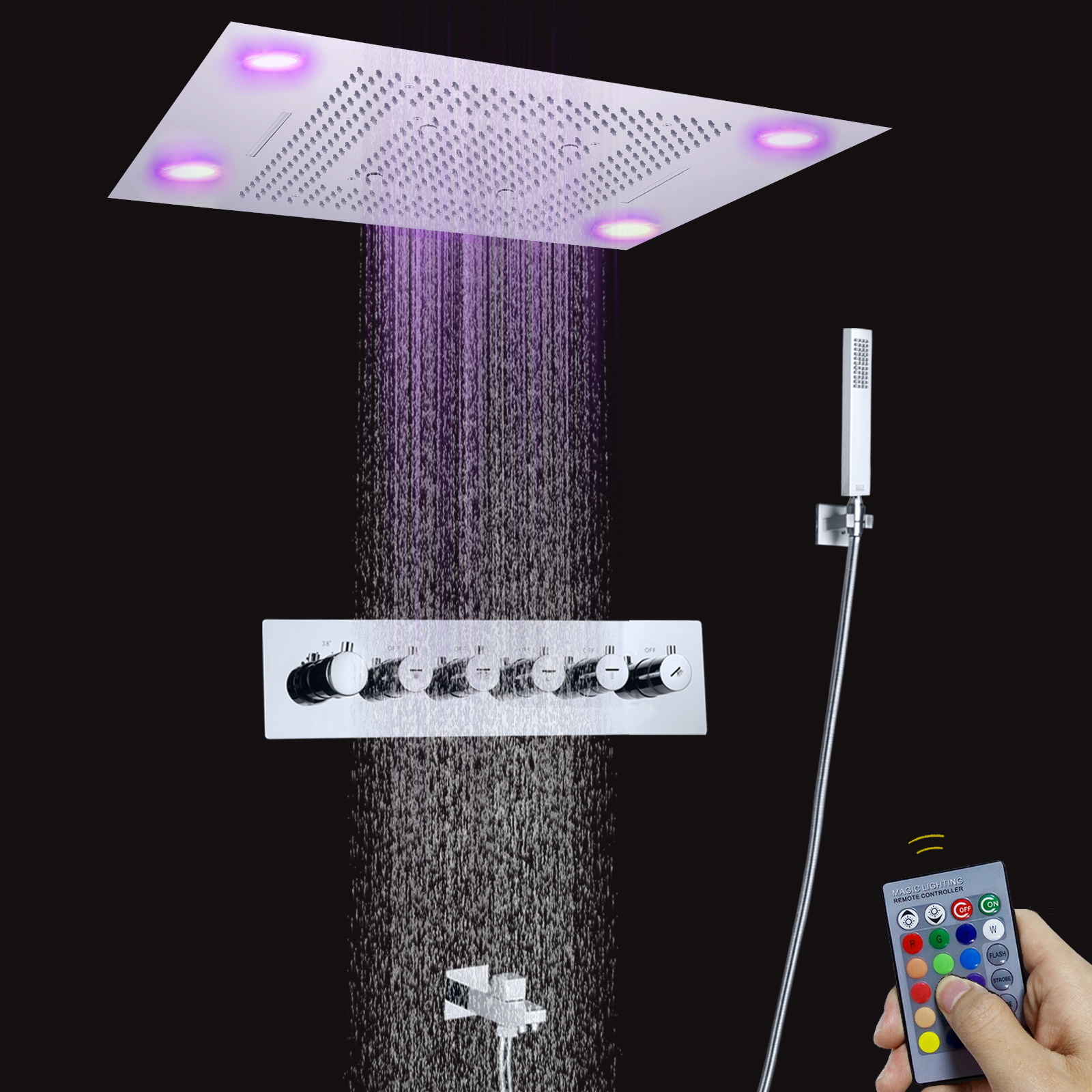 Cabezal de ducha de lluvia LED grande de lujo, 800x600MM, cromado, 5 formas de masaje, cascada, juego de ducha de lluvia termostática