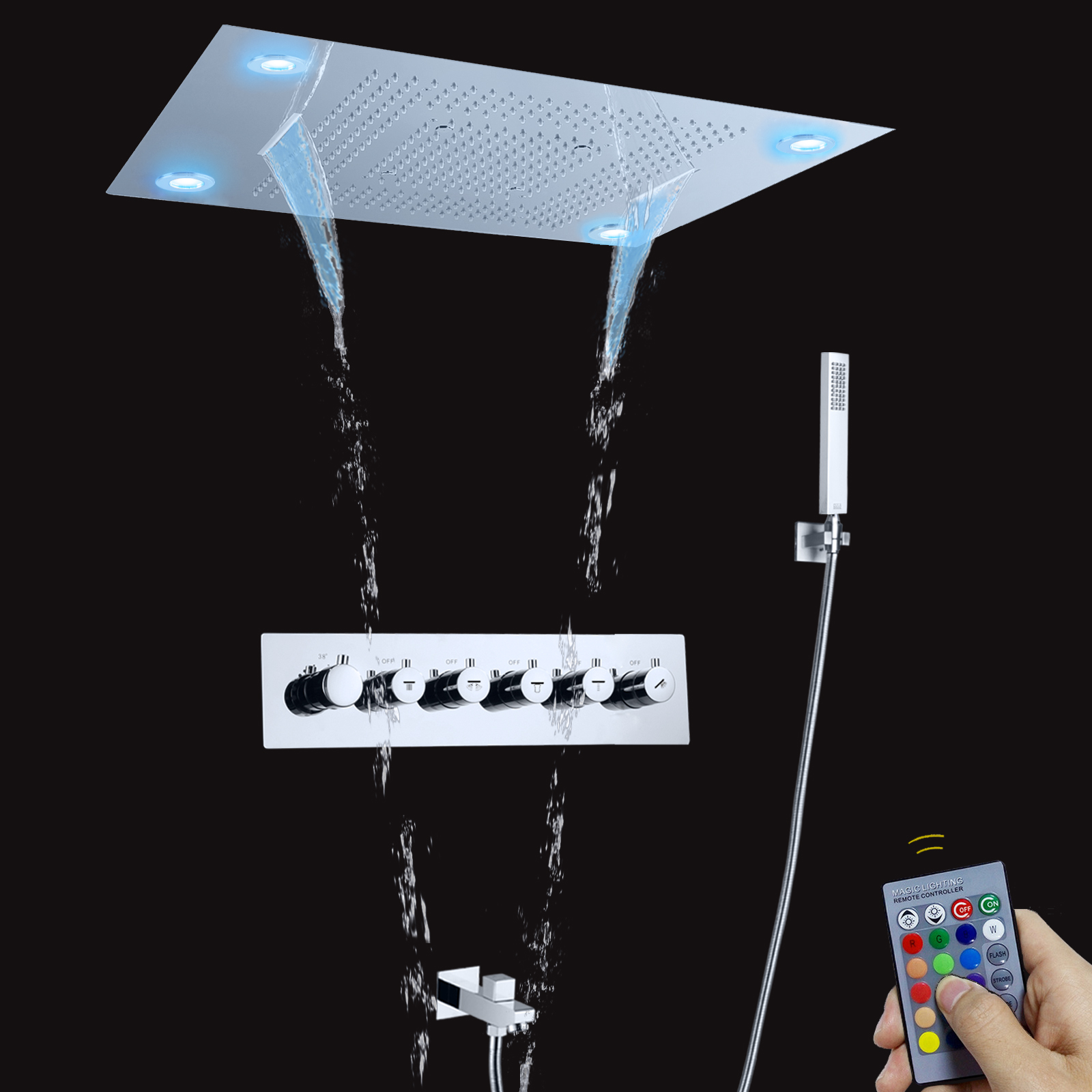 Cabezal de ducha de lluvia LED grande de lujo, 800x600MM, cromado, 5 formas de masaje, cascada, juego de ducha de lluvia termostática