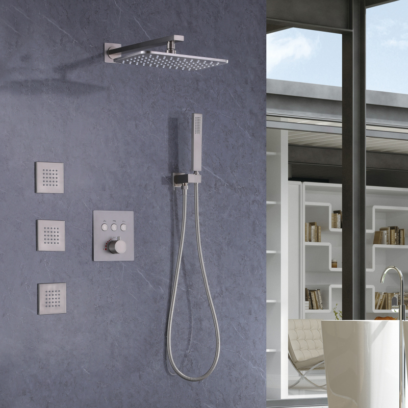 Conjunto de muebles de baño de níquel cepillado, sistema de ducha de lluvia termostático, ducha de mano, Spa