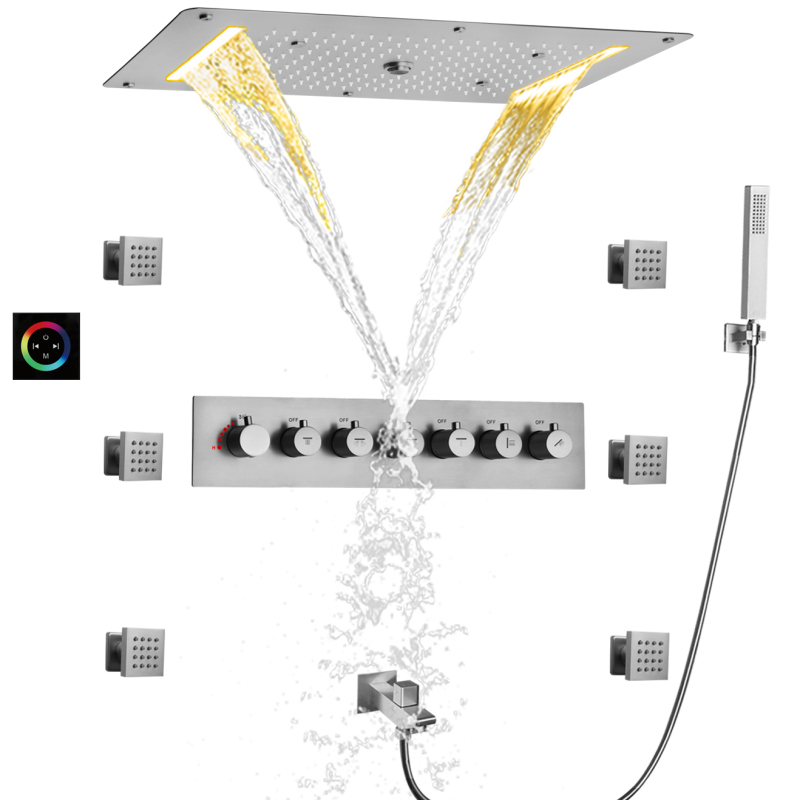 Sistema de ducha termostático de níquel cepillado, LED de alto flujo, niebla de baño, lluvia, cascada, burbuja con ducha de chorro corporal