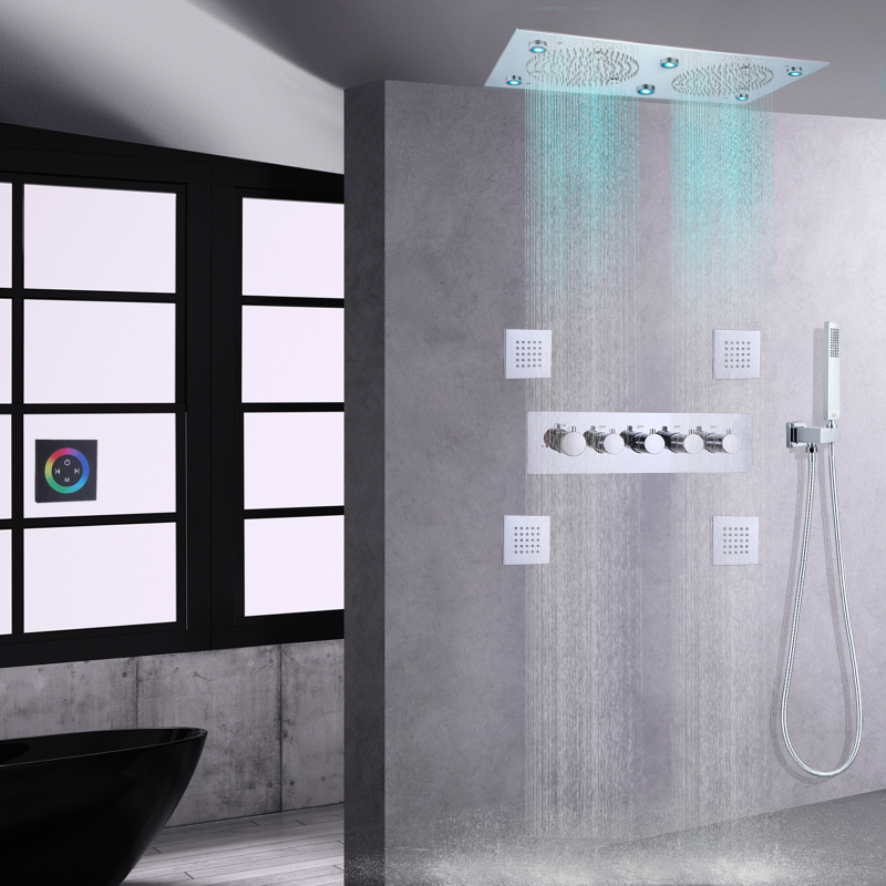 Juego de grifos de ducha cromados pulidos, mezclador de ducha oculto termostático LED de 620x320 MM con mano