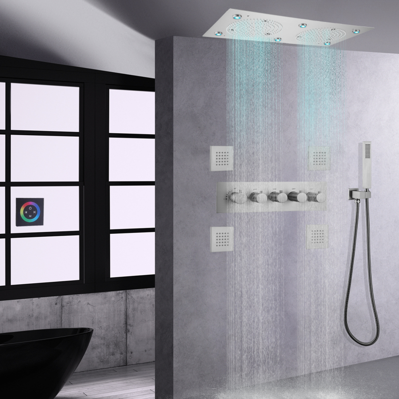 Juego de grifo de ducha termostático de níquel cepillado, conjunto combinado de duchas de masaje integradas en el techo del baño LED de 24x12 pulgadas