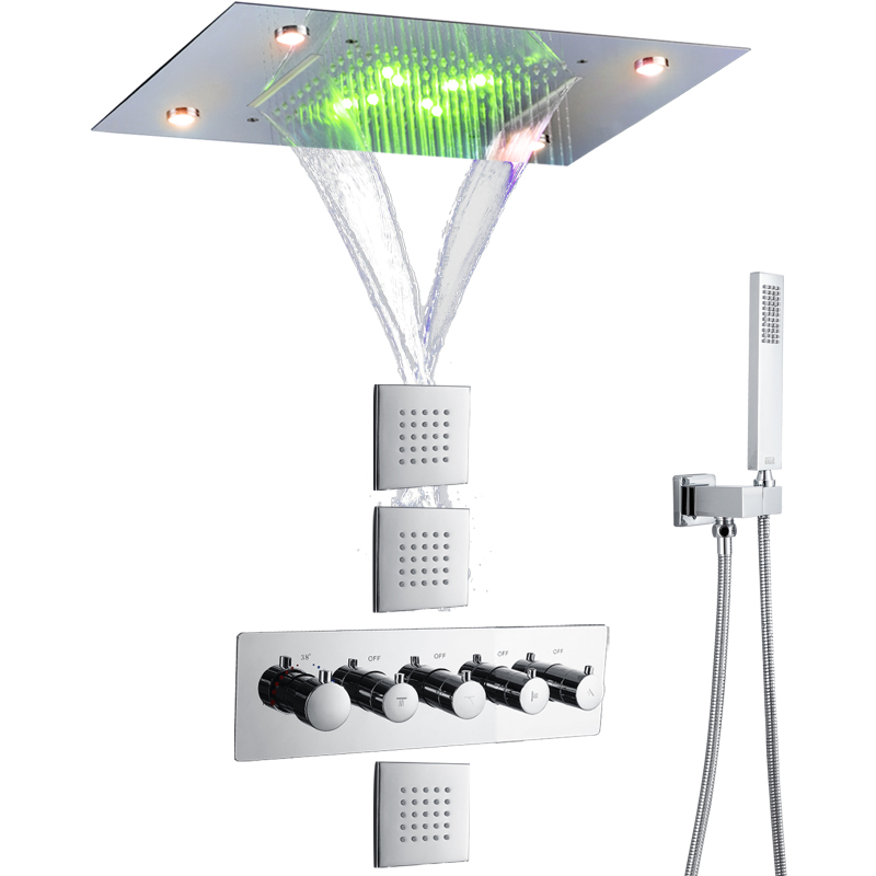 Sistema de ducha de lluvia termostática pulida cromada, juego de ducha termostática LED para baño de 14x20 pulgadas con chorros corporales