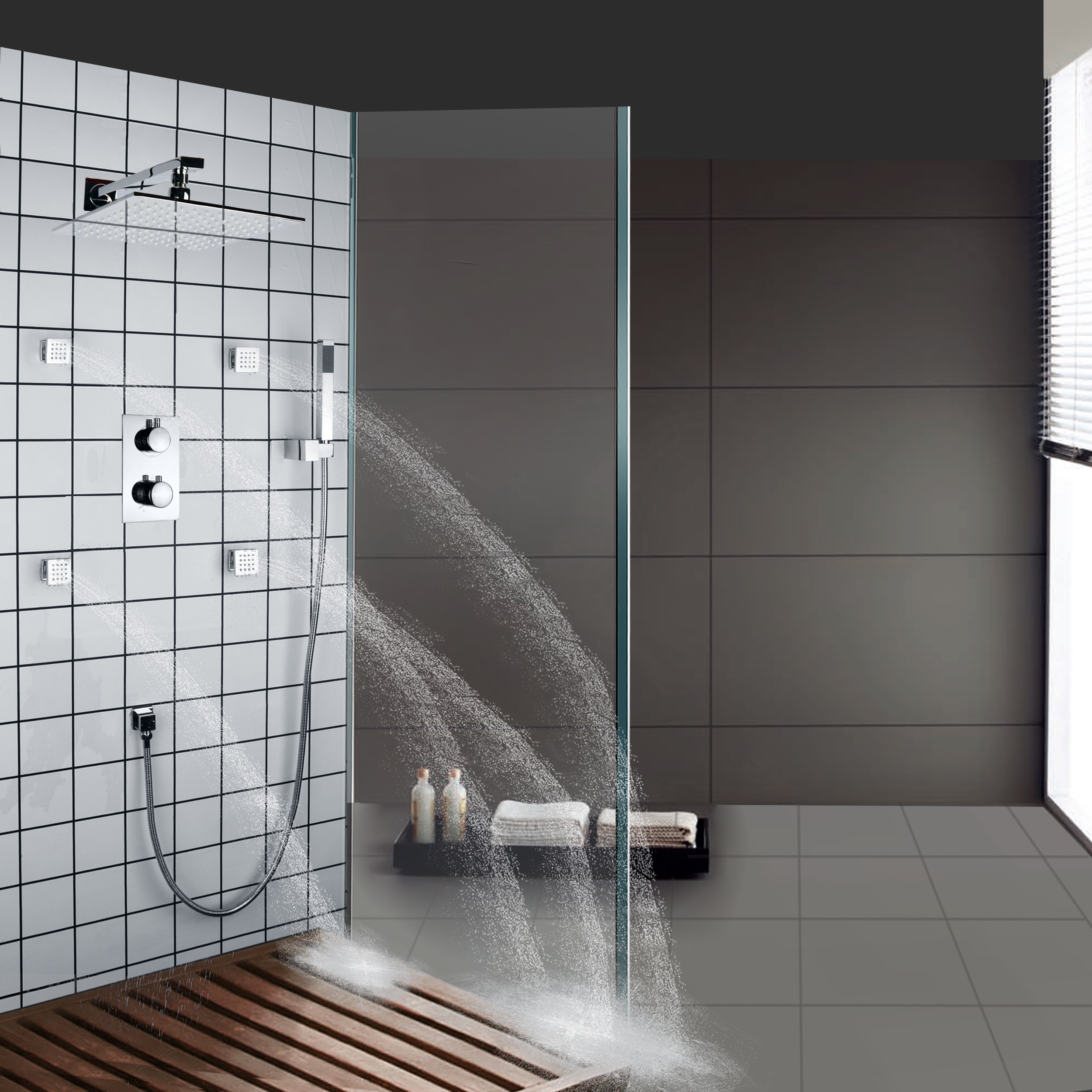 Sistema de ducha termostático de montaje en pared con LED, cromado pulido, sistema de ducha de mano tipo lluvia