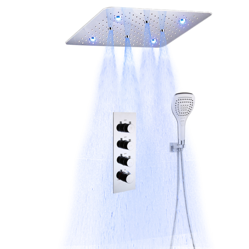 Cabezal de ducha Led cromado pulido, sistema de juego de ducha Led termostático montado en el techo, 500x500mm