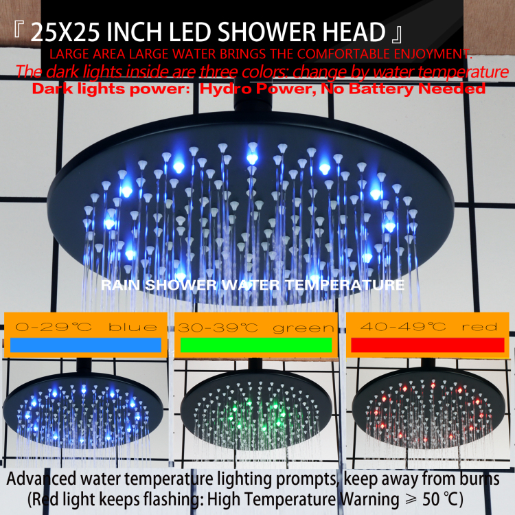 Cabezal de ducha negro mate 25X25CM LED 3 colores cambio de temperatura baño elevación ducha lluvia