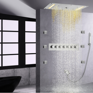 Sistema de ducha termostático LED de níquel cepillado, sistema de ducha de alto flujo, juego de mezclador de ducha oculto tipo lluvia para baño