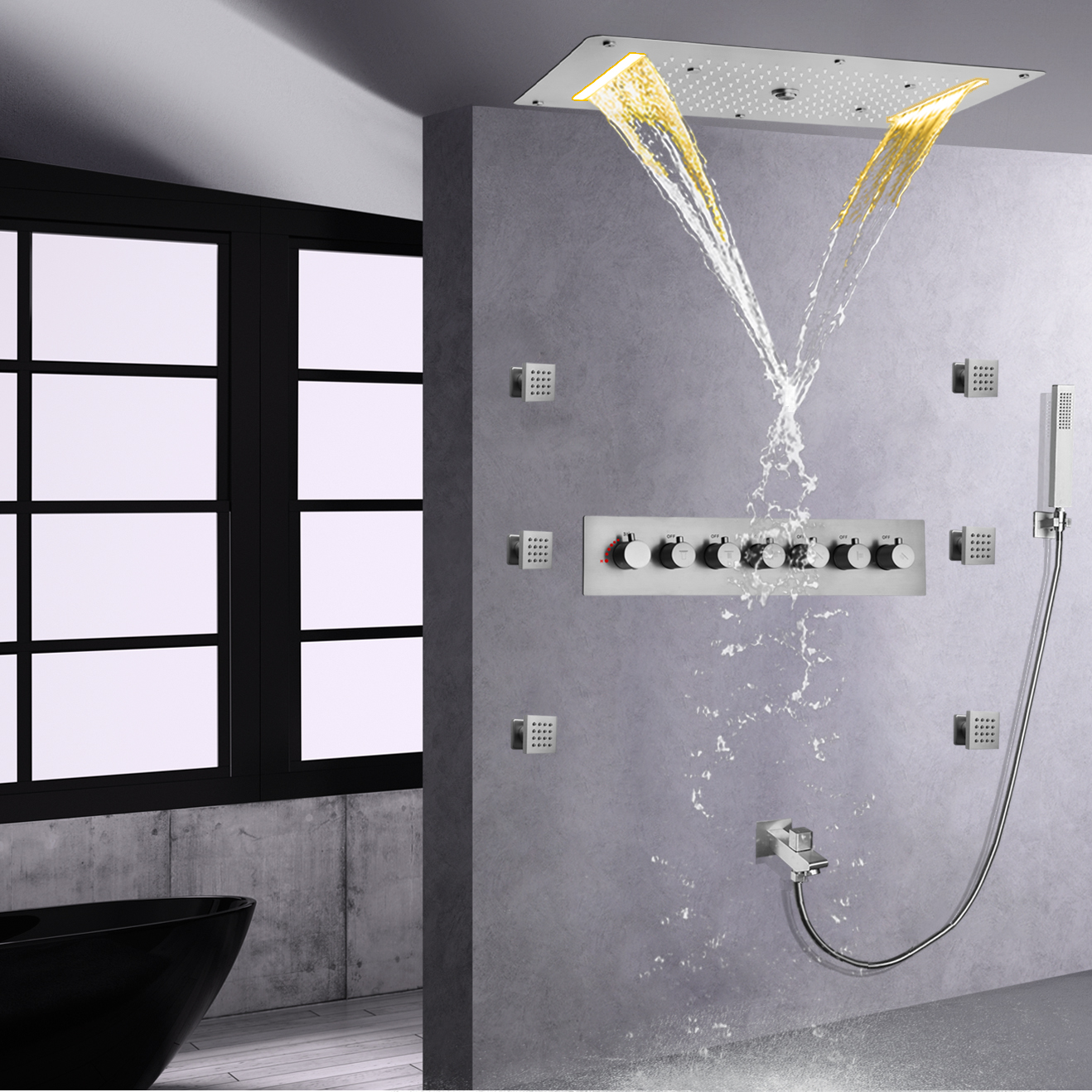Sistema de ducha termostático LED de níquel cepillado, sistema de ducha de alto flujo, juego de mezclador de ducha oculto tipo lluvia para baño