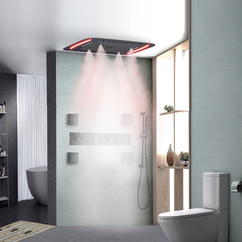 Sistema de ducha termostática de bronce frotado con aceite, juego de ducha multifunción LED para baño de 71x43 CM con panel de Control LED
