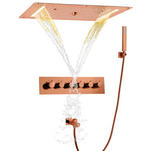 Cabezal de ducha LED de lluvia para techo de 700x380 MM con rociador de mano, juego de ducha termostática de baño de oro rosa oculto