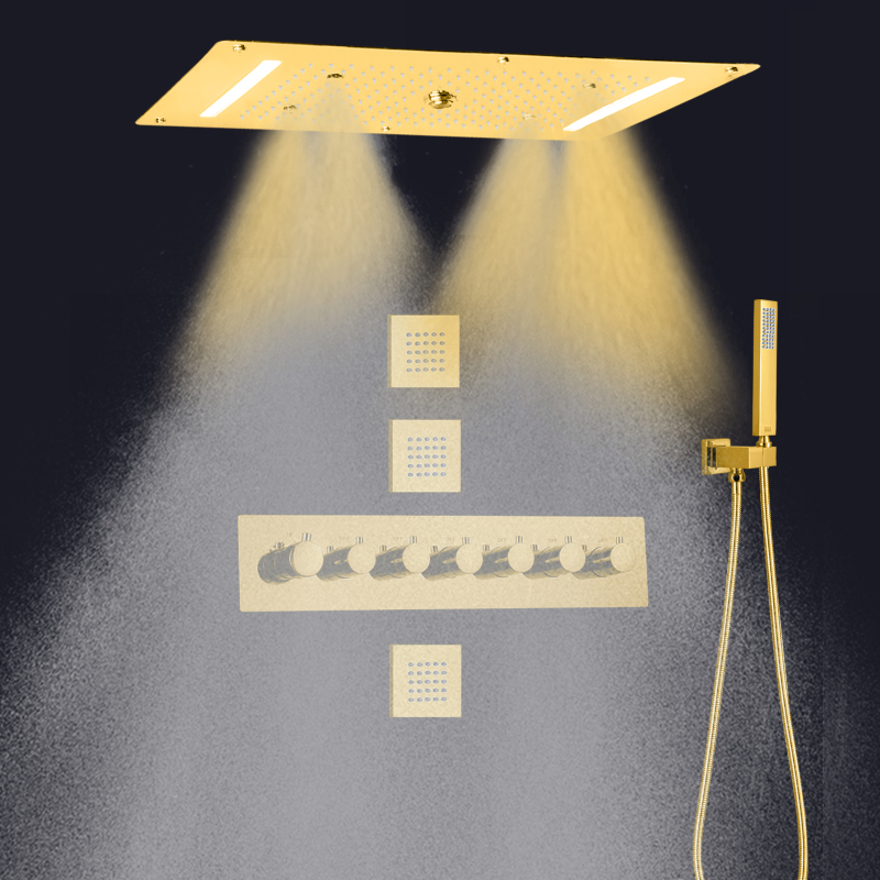 Juego de ducha empotrada tipo lluvia montado en la pared, termostático, 700x380mm, color dorado pulido, cascada tipo lluvia