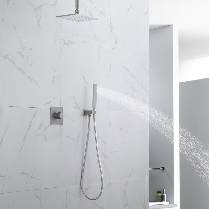 Grifos de ducha y baño de níquel cepillado, precio directo de fábrica de China, cabezal de ducha inteligente LED de lluvia de 28X18 CM montado en el techo