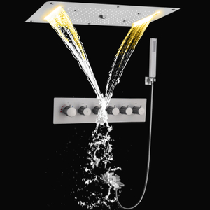 Juego de ducha moderno, 700 x 380 mm, cascada de techo, LED, válvula de ducha de latón niquelado cepillado, lluvia termostática