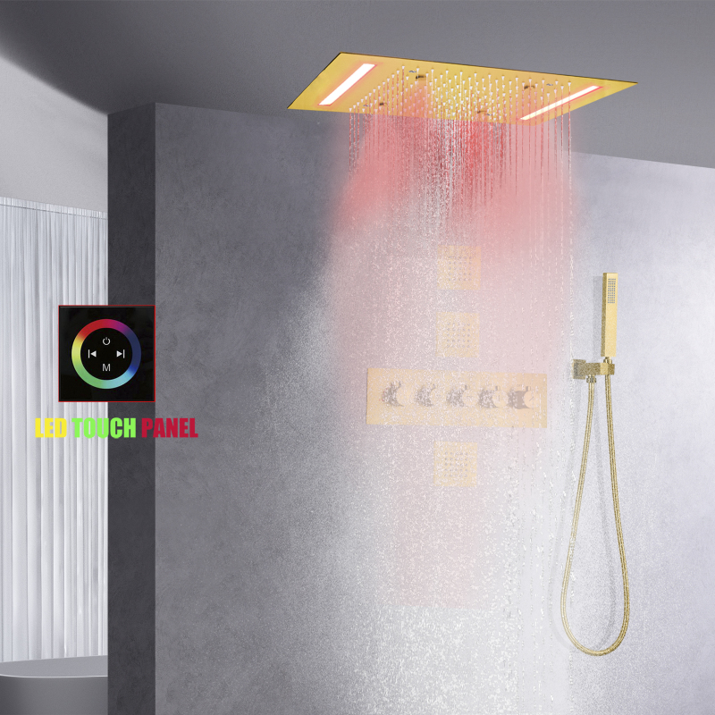 Cabezal de ducha de lluvia de oro cepillado con rociadores de mano termostático juego de grifo de ducha LED montado en el techo de 14 x 20 pulgadas