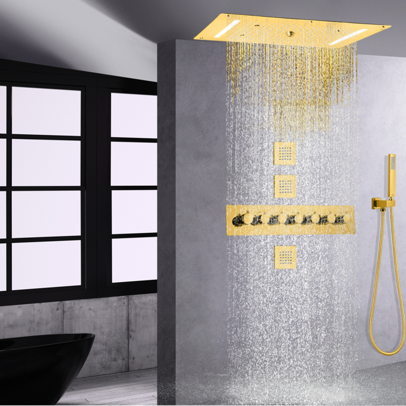 Termostático dorado pulido, 700X380 MM, lujoso sistema de ducha de techo LED, mezclador de ducha de cascada con mango