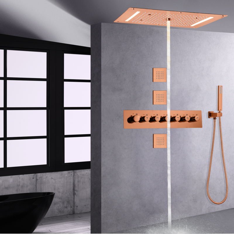 Cabezal de ducha termostático de lluvia de oro rosa de 700x380 MM con juego de grifos de ducha de baño LED con rociador de mano