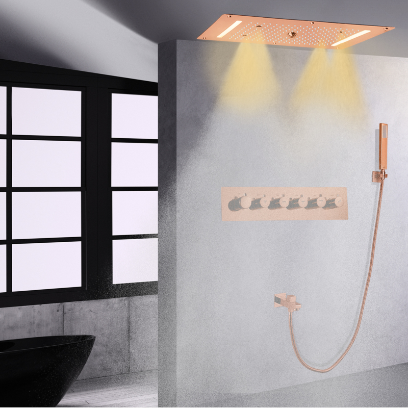 Sistema de ducha termostático pulido dorado LED 70X38 CM baño ducha de lluvia montado en el techo con cabezal de ducha de mano