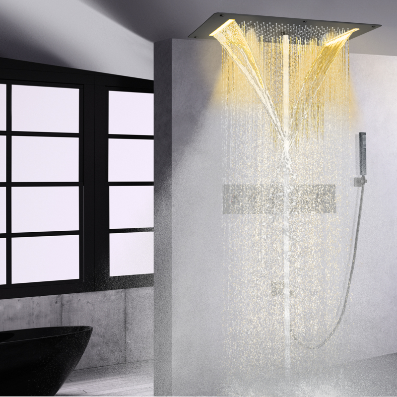 Juego de grifería de ducha termostática para bañera, cabezal de ducha LED negro mate con pulverizador de cascada de 700x380 MM, cabezal de ducha de mano