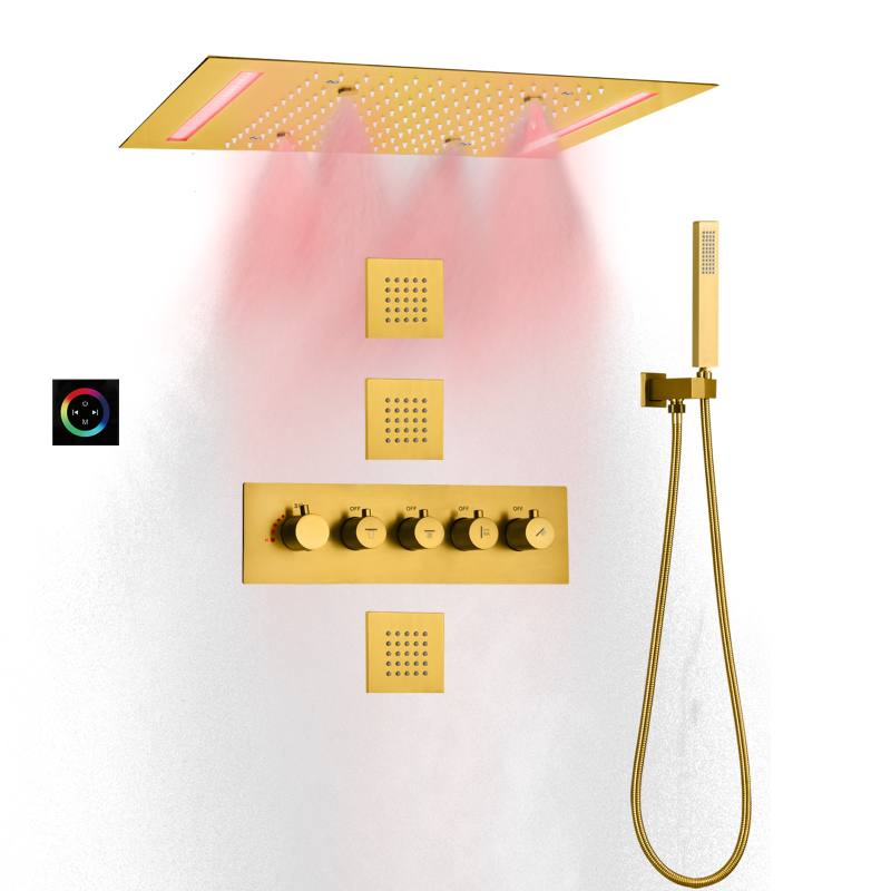 Juego de ducha y baño termostático tipo lluvia de oro cepillado, cabezal de ducha superior LED de techo de 14 x 20 pulgadas con chorros en el cuerpo de la pared