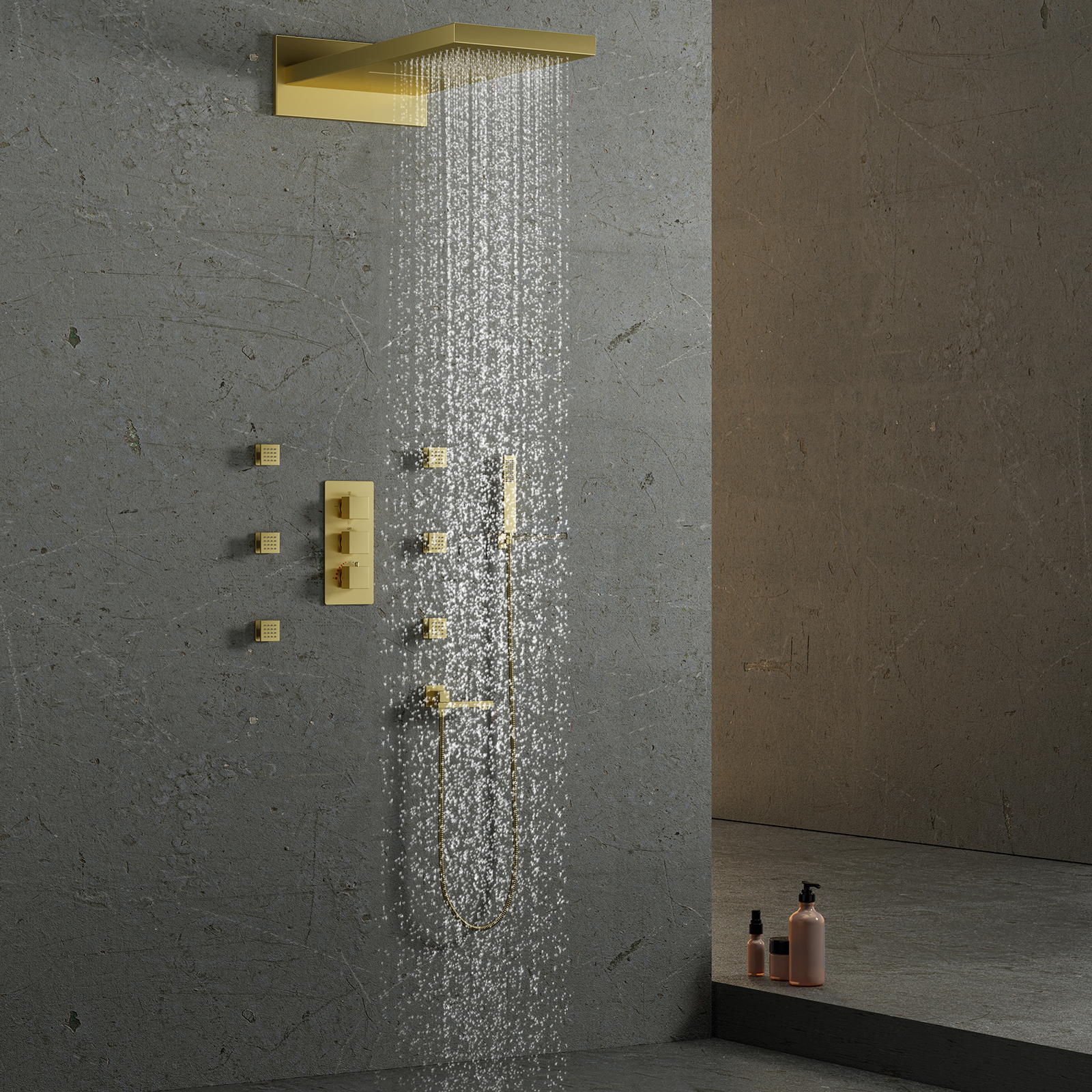 Juego de cabezal de ducha dorado de lujo, mezclador de ducha, cascada de lluvia con grifo cuadrado moderno de mano