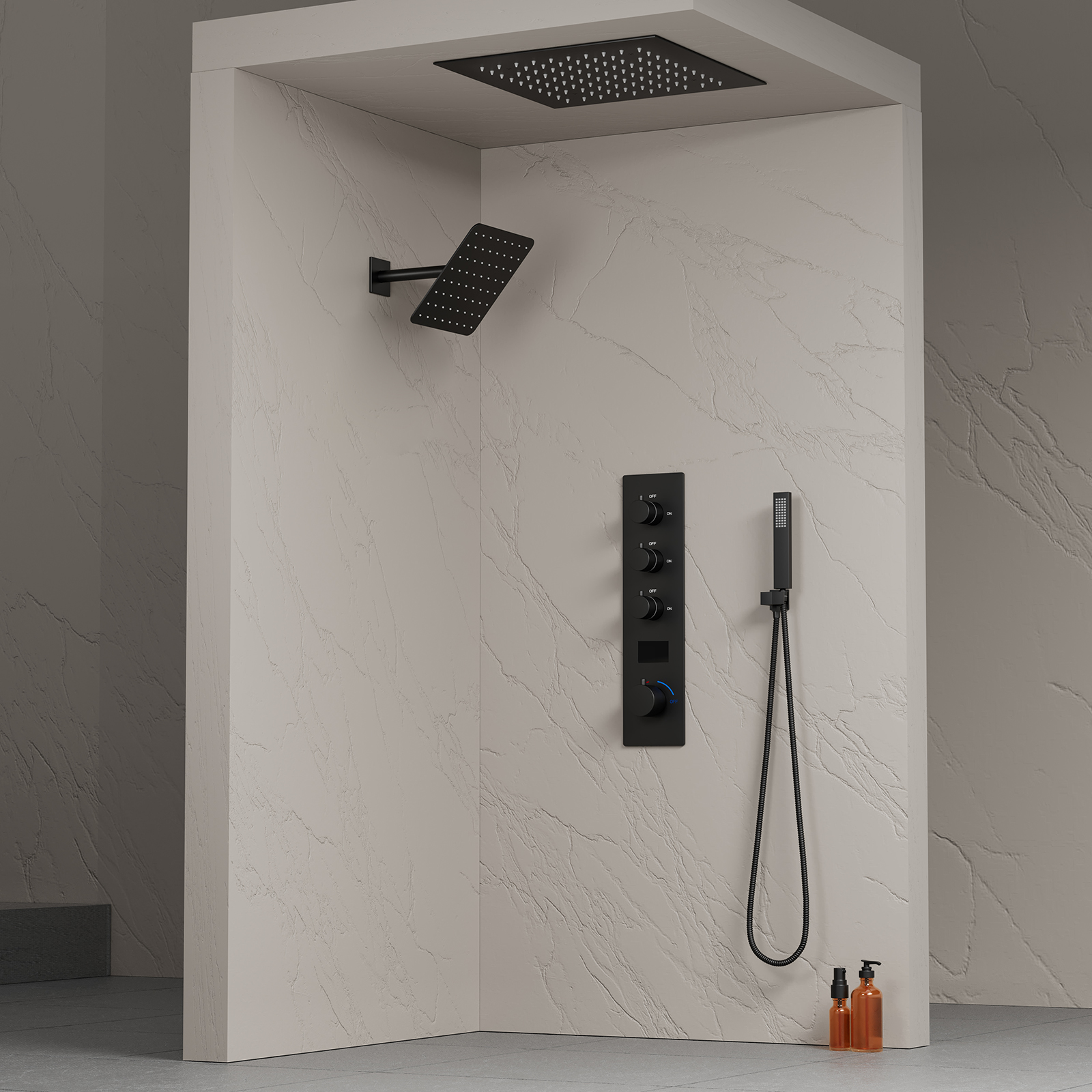 Juego de cabezal de ducha LED negro cuadrado de lujo para baño Sistema de ducha de techo termostático con niebla de lluvia