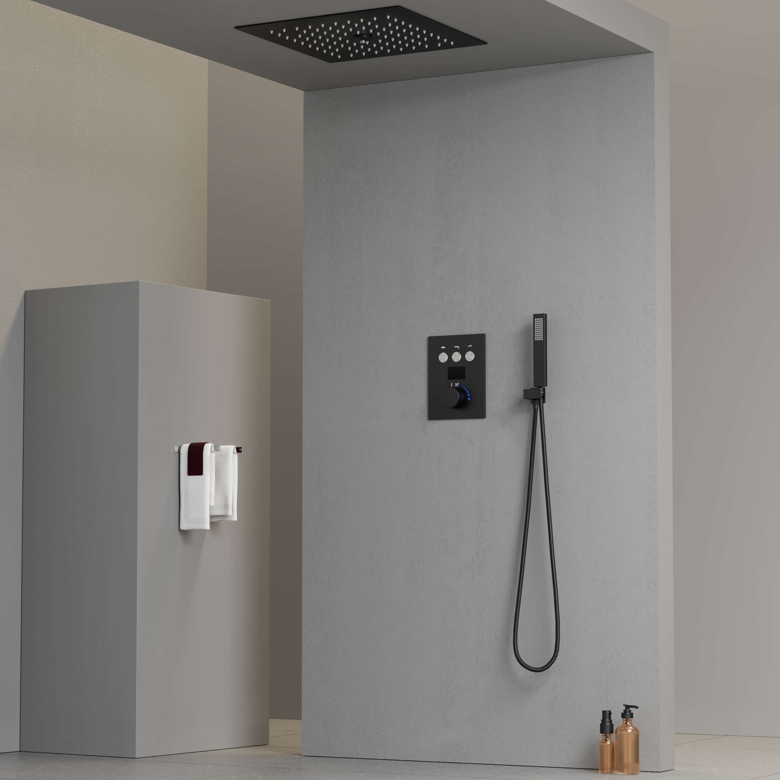 Sistema de cabezal de ducha termostático para baño, conjunto de cabezal de ducha tipo lluvia LED cuadrado negro mate