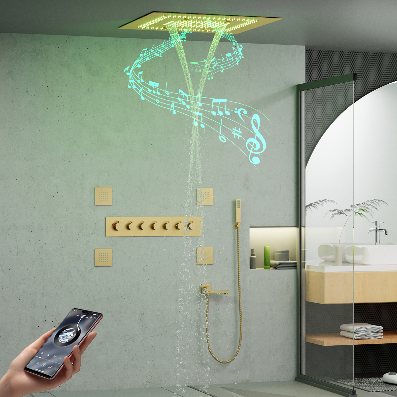 Sistema de Set de ducha de baño de lujo, juego de mezclador de ducha de lluvia de Oro pulido, juego de cabezal de ducha Led de cobre con 6 funciones