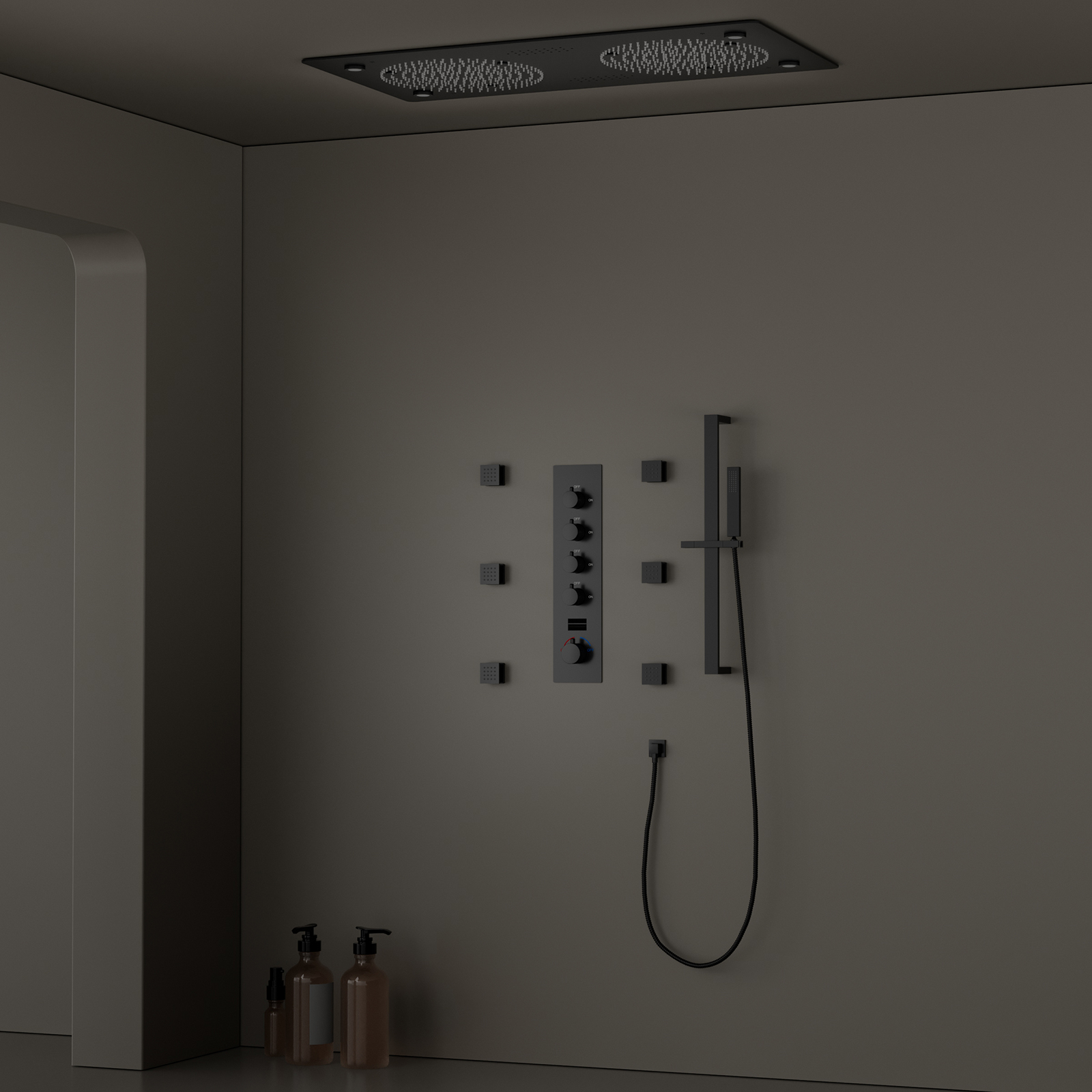 Sistema de grifo de ducha LED de latón empotrado para baño, 4 juegos de cabezal de ducha, ducha de lluvia de techo con música