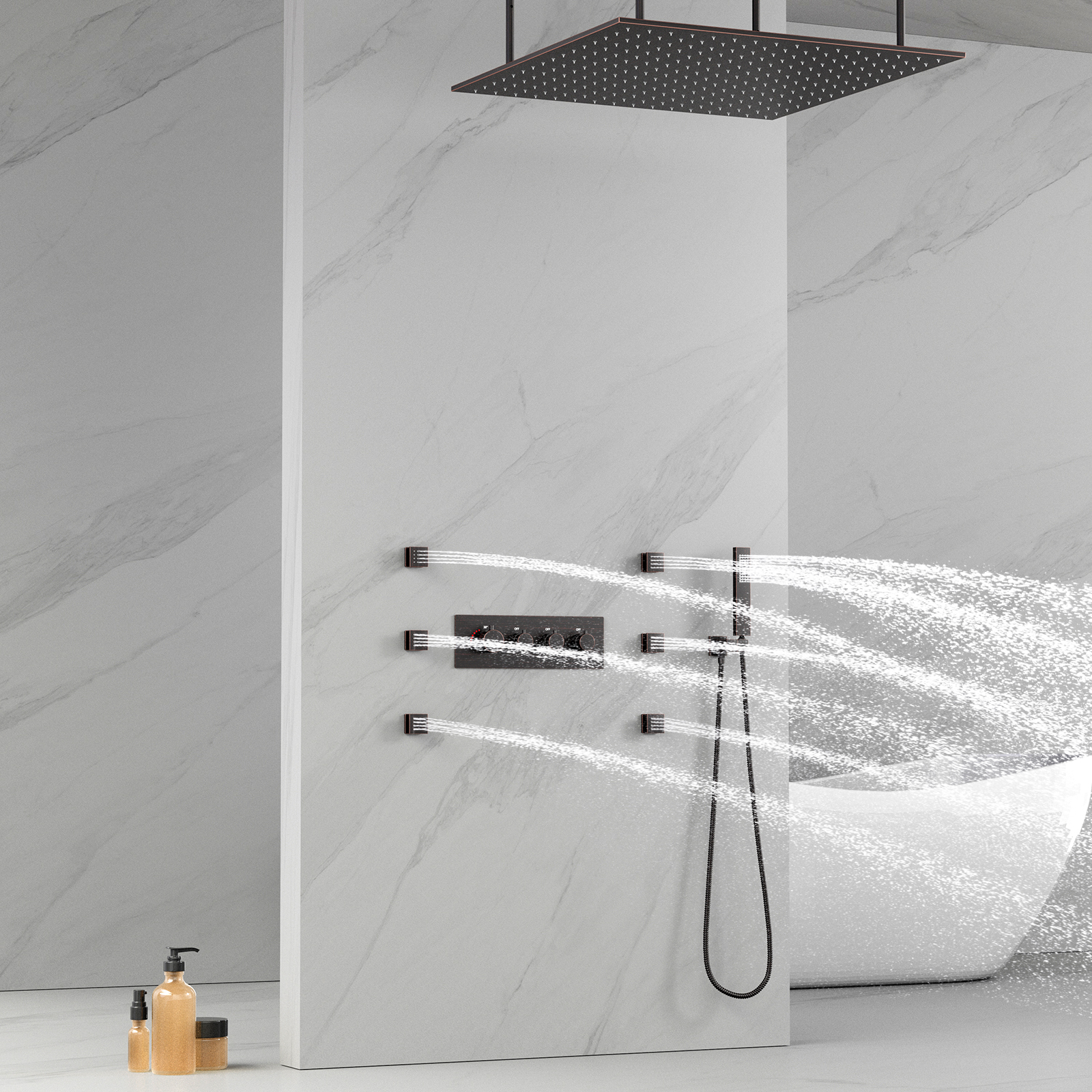 Grifo de ducha con cabezal de ducha de montaje en techo, música multifuncional, bronce, frotado con aceite, LED, ducha de lluvia, tanque, grifo de ducha
