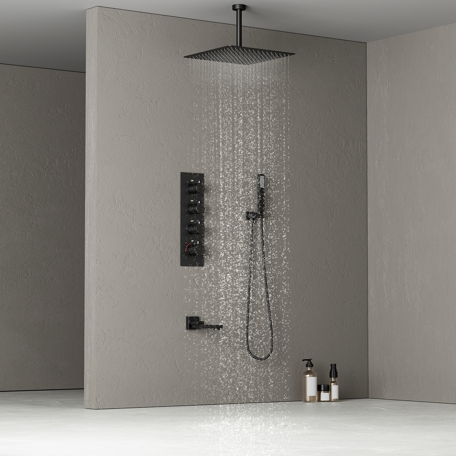 Juego de grifo de ducha termostático inteligente con cabezal de ducha negro para baño
