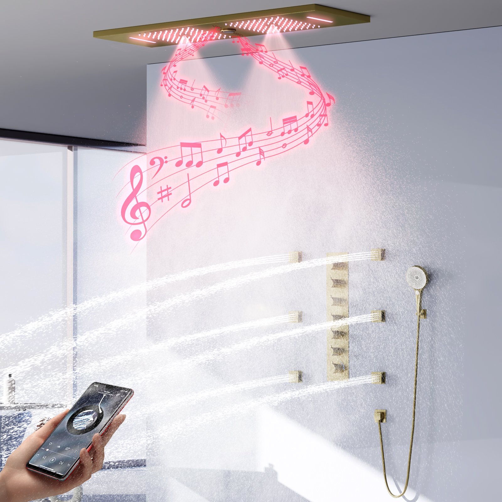 Sistema de cabezal de ducha de Oro pulido LED para baño, sistema de cascada de ducha de lluvia, juego de grifo de ducha termostático