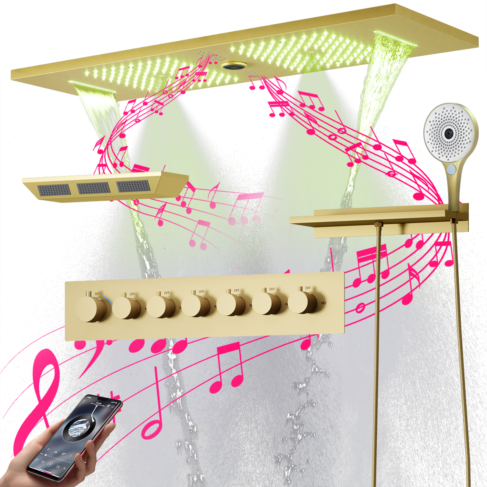 Grifo de ducha termostático de cascada atomizada para baño, cabezal de ducha con cuerpo de ducha y función musical, cabezal de ducha LED de lluvia