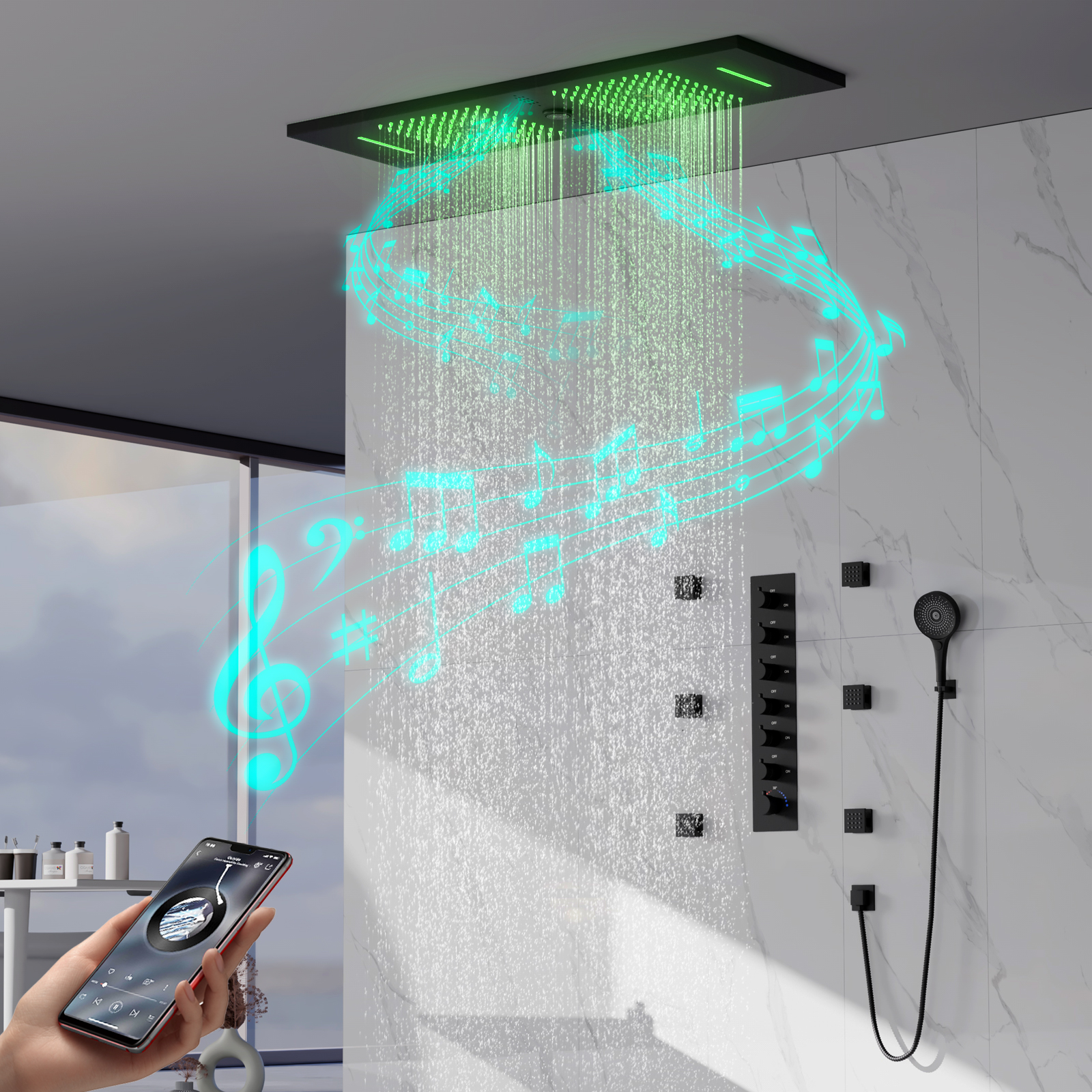 Cabezal de ducha moderno Cabezal de ducha de lluvia LED Cabezal de ducha de lluvia oculto Sistema de ducha musical para baño