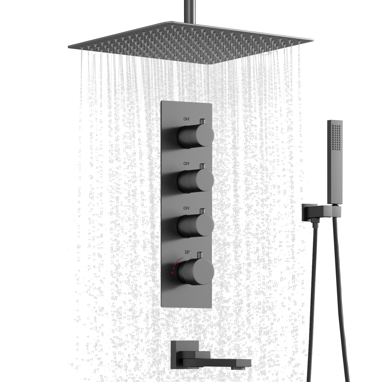 Sistema de ducha de lluvia para baño con 3 funciones, color gris pistola de latón, con cabezal de ducha y juego de manguera