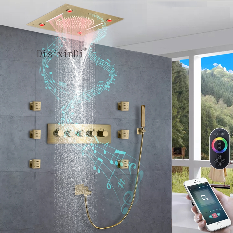 Sistema de ducha LED con altavoz musical, ducha de lluvia montada en el techo de 16 pulgadas, juego de ducha LED termostática para baño
