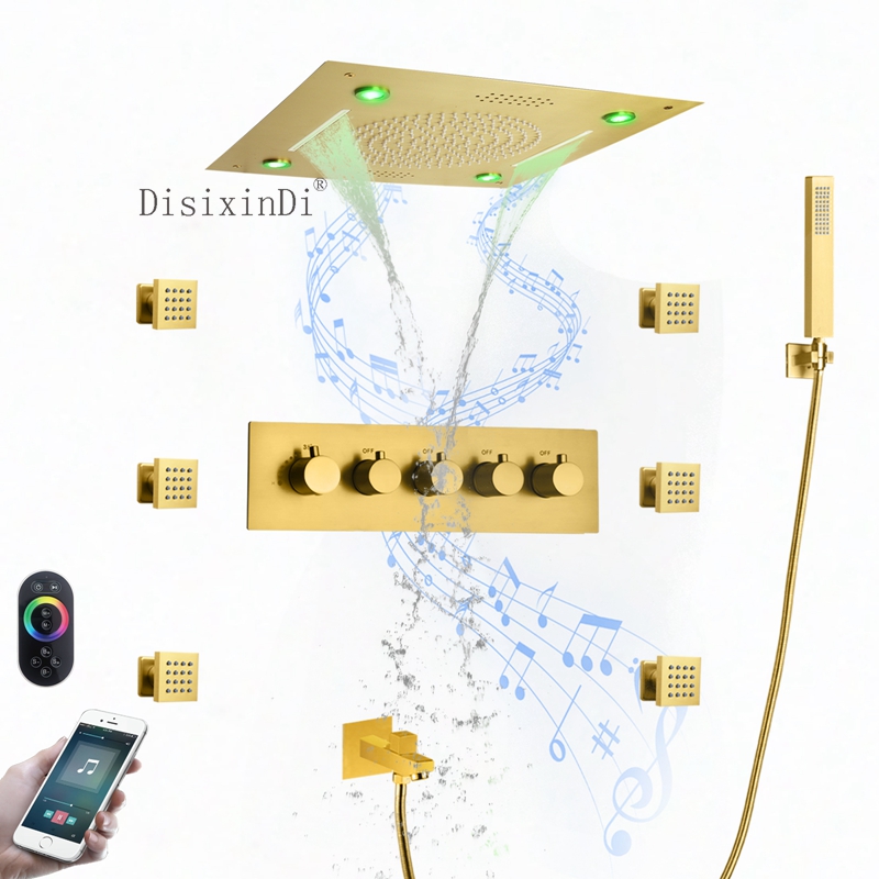El baño y la ducha de la música del LED fijan el oro cepillado de lujo ducha principal de la lluvia de la cascada del techo de 16 pulgadas
