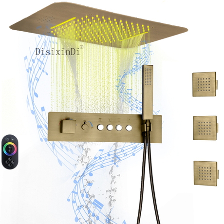 Sistemas de ducha de lujo de latón antiguo música LED 23*15 pulgadas cabezal de ducha baño termostático lluvia cascada juego de grifo de ducha