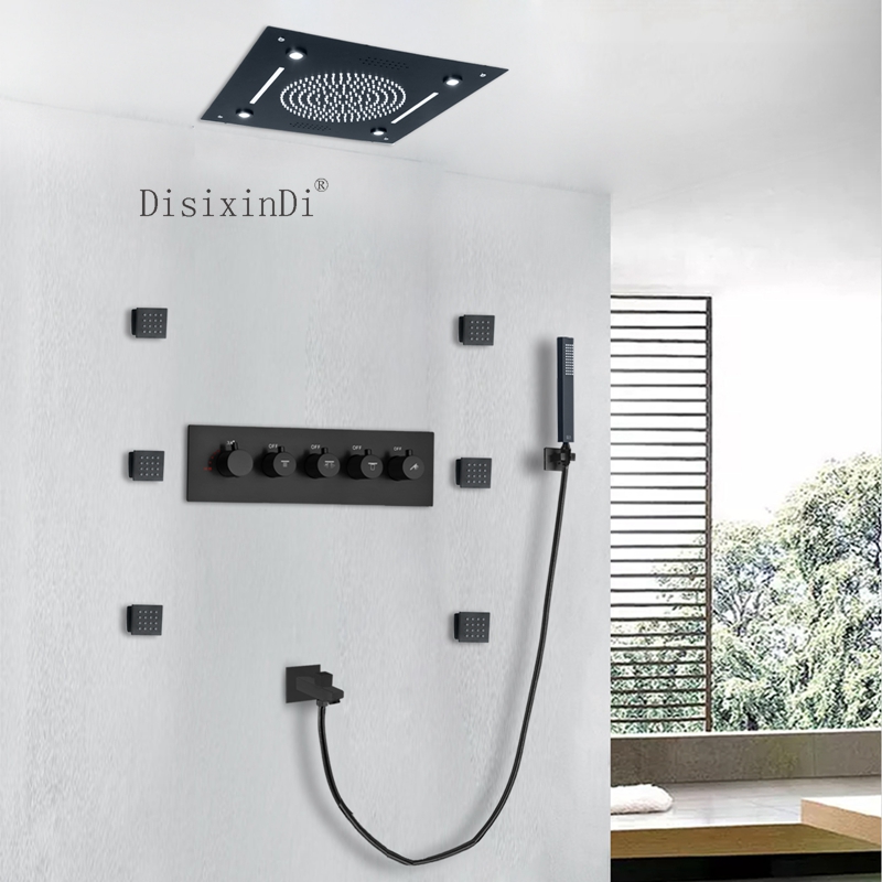 Juego de ducha empotrada en el techo, cabezal de ducha LED de 400x400mm con altavoz musical, Sistema de ducha termostático de chorro corporal de 5x5cm