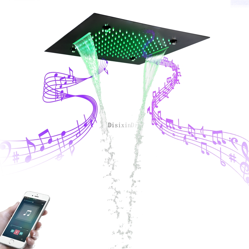 Cabezal de ducha LED para baño, 3 funciones, 500x500mm, negro mate, con altavoz musical, sistema de ducha en cascada