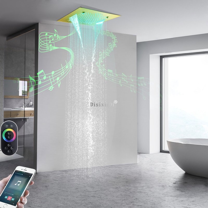 Cabezal de ducha LED de 20 pulgadas de acero inoxidable SUS304 con altavoces musicales, lluvia brumosa y cascada, sistema de ducha integrado en el techo