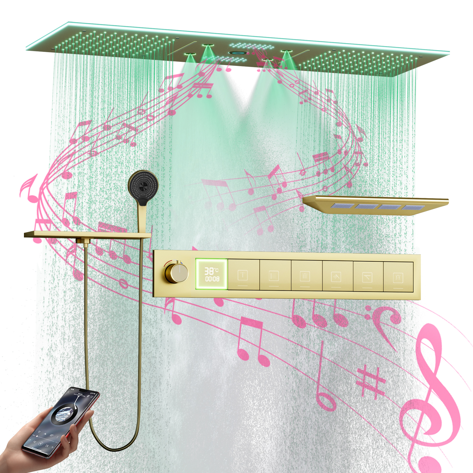 Oro pulido baño temperatura constante ducha de alto flujo luz Led cabezal de ducha con altavoz cascada sistema de selva tropical