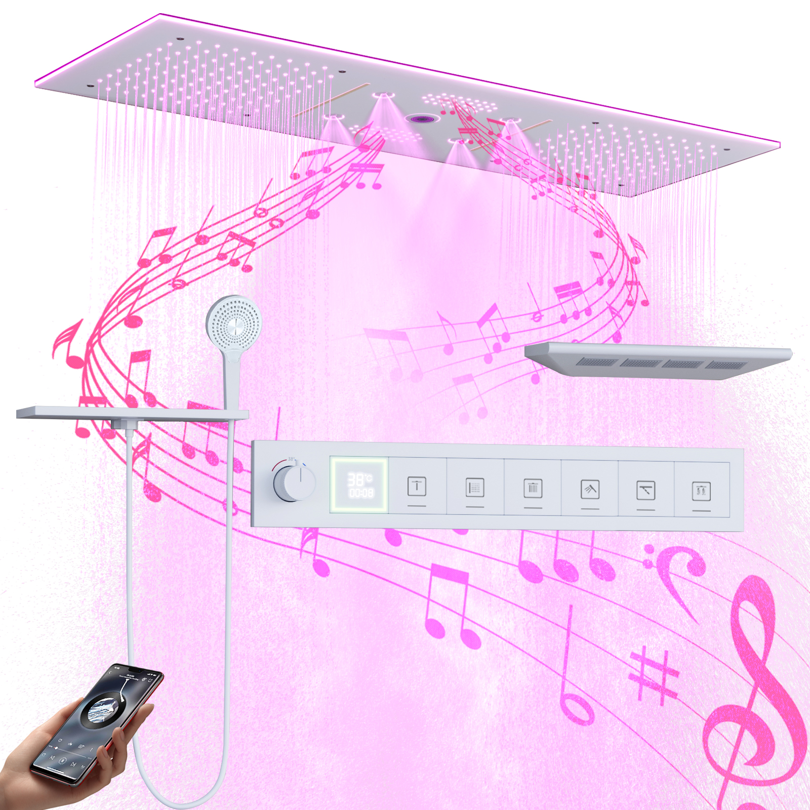 Juego de cabezal de ducha LED musical de 90x30cm, lluvia, cascada, niebla, baño, grifo de ducha de temperatura constante