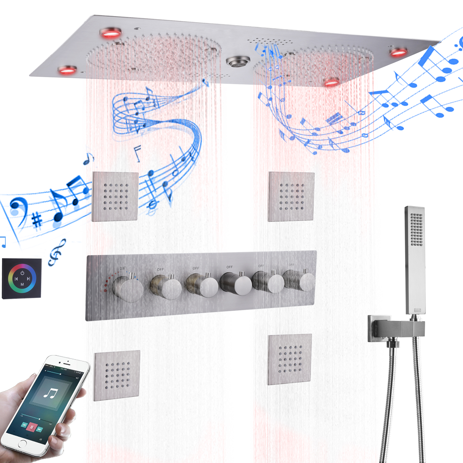 Grifo de ducha musical para baño LED de níquel cepillado moderno, lluvia termostática con ducha de mano