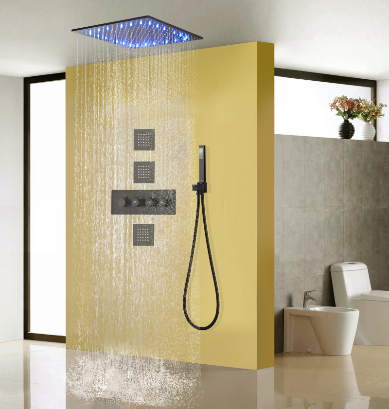 Juego de mezclador de ducha negro mate, sistema de ducha oculto de lluvia termostática LED de 16 pulgadas con boquilla de mano